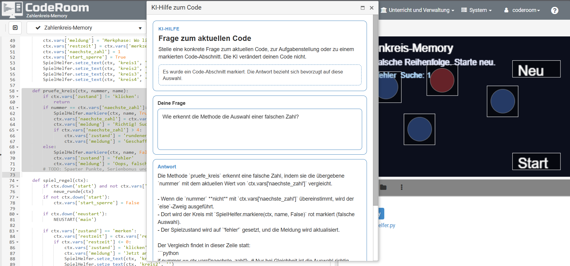 CodeRoom KI-Hilfe zum aktuellen Code