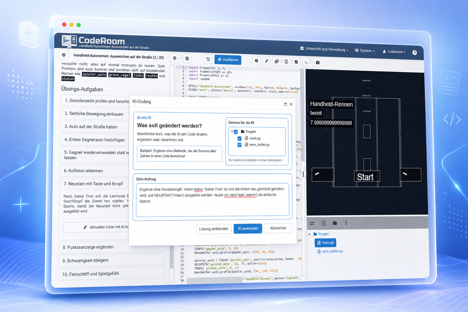 CodeRoom KI-Coding mit Anleitung, Editor, Ausgabe und KI-Fenster