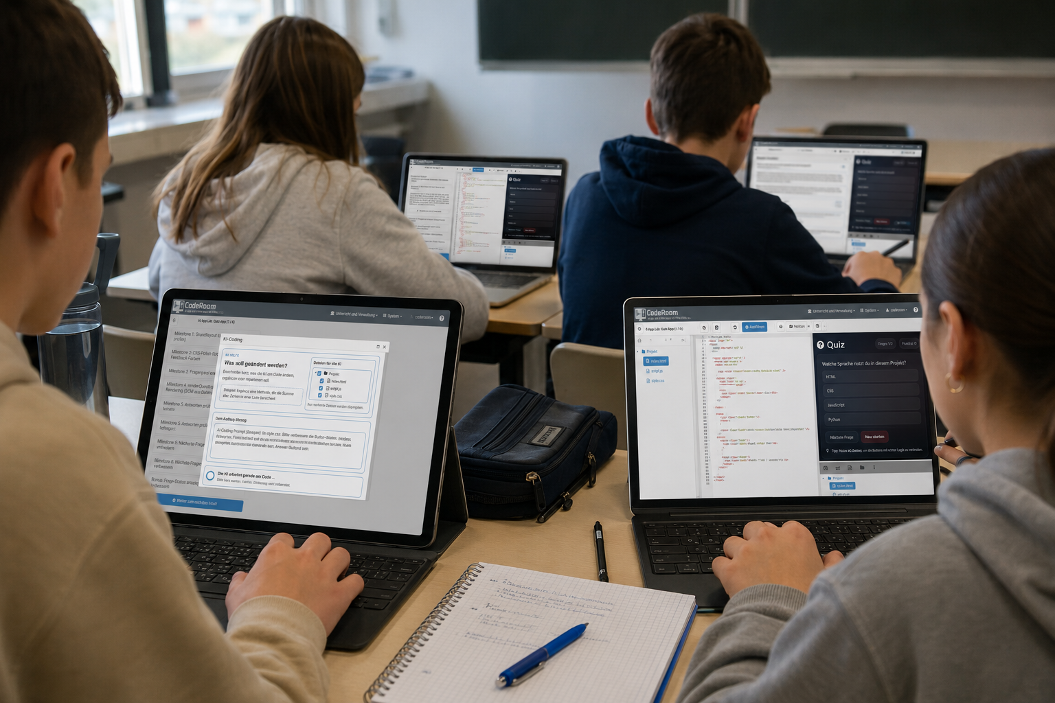Lernende nutzen KI-Coding konzentriert im Unterricht