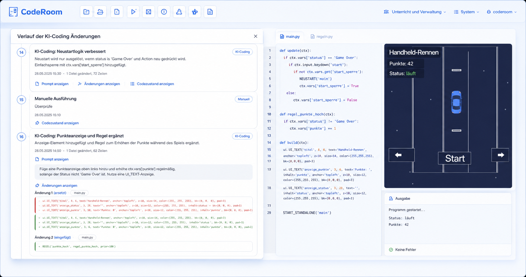 Usercode-Historie mit Prompts, Änderungen und Versionen