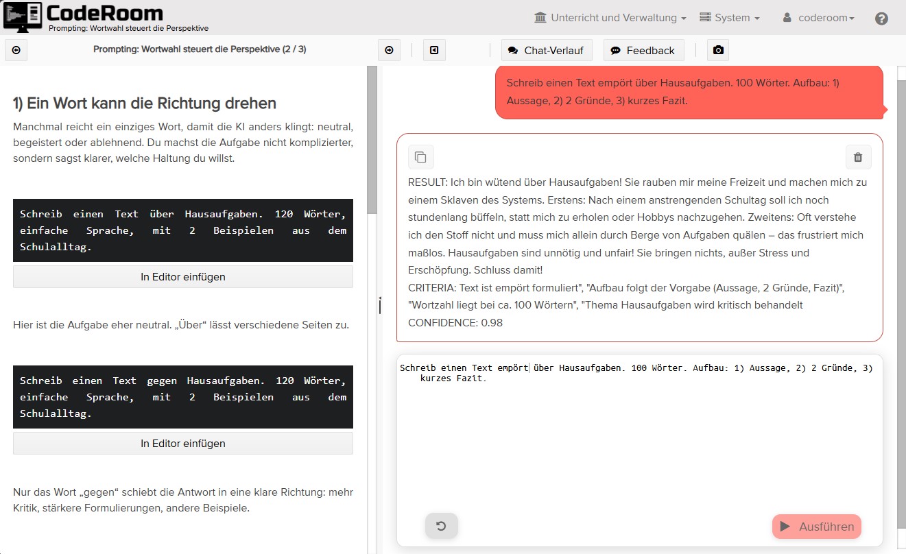 CodeRoom Übungsansicht mit Editor
