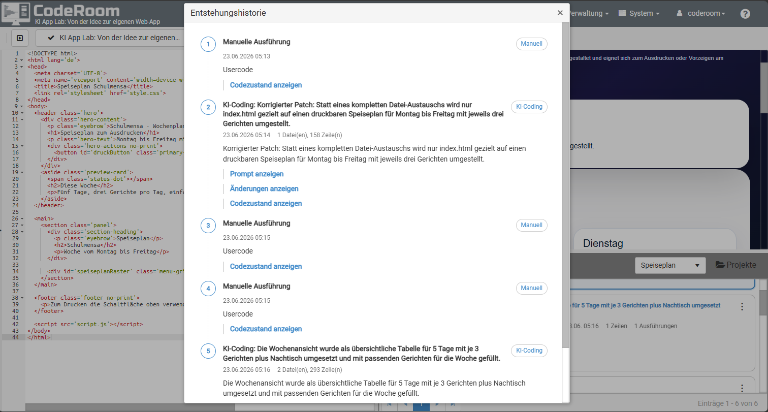 CodeRoom Entstehungshistorie eines Benutzercodes