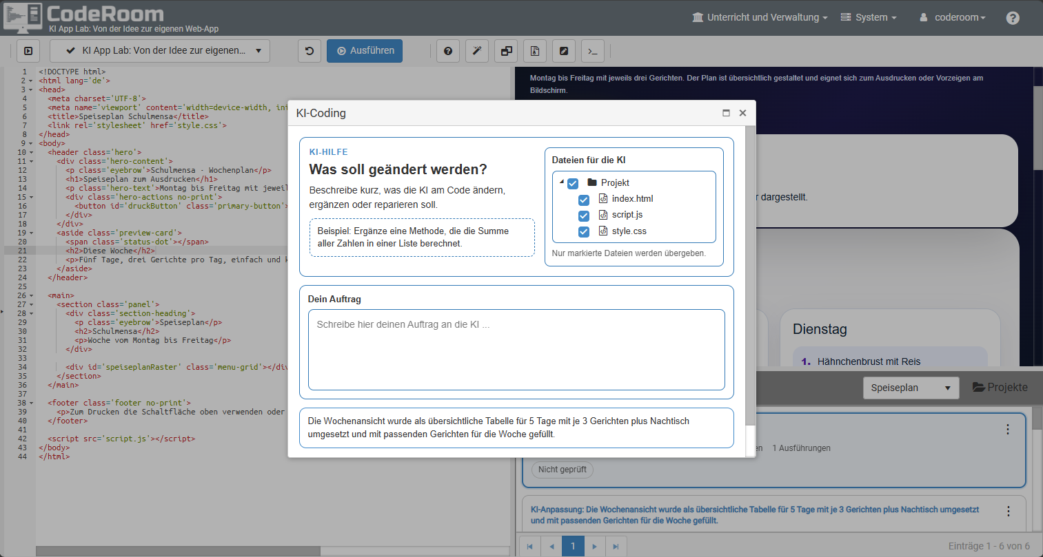 KI-Coding mit Dateiauswahl in CodeRoom
