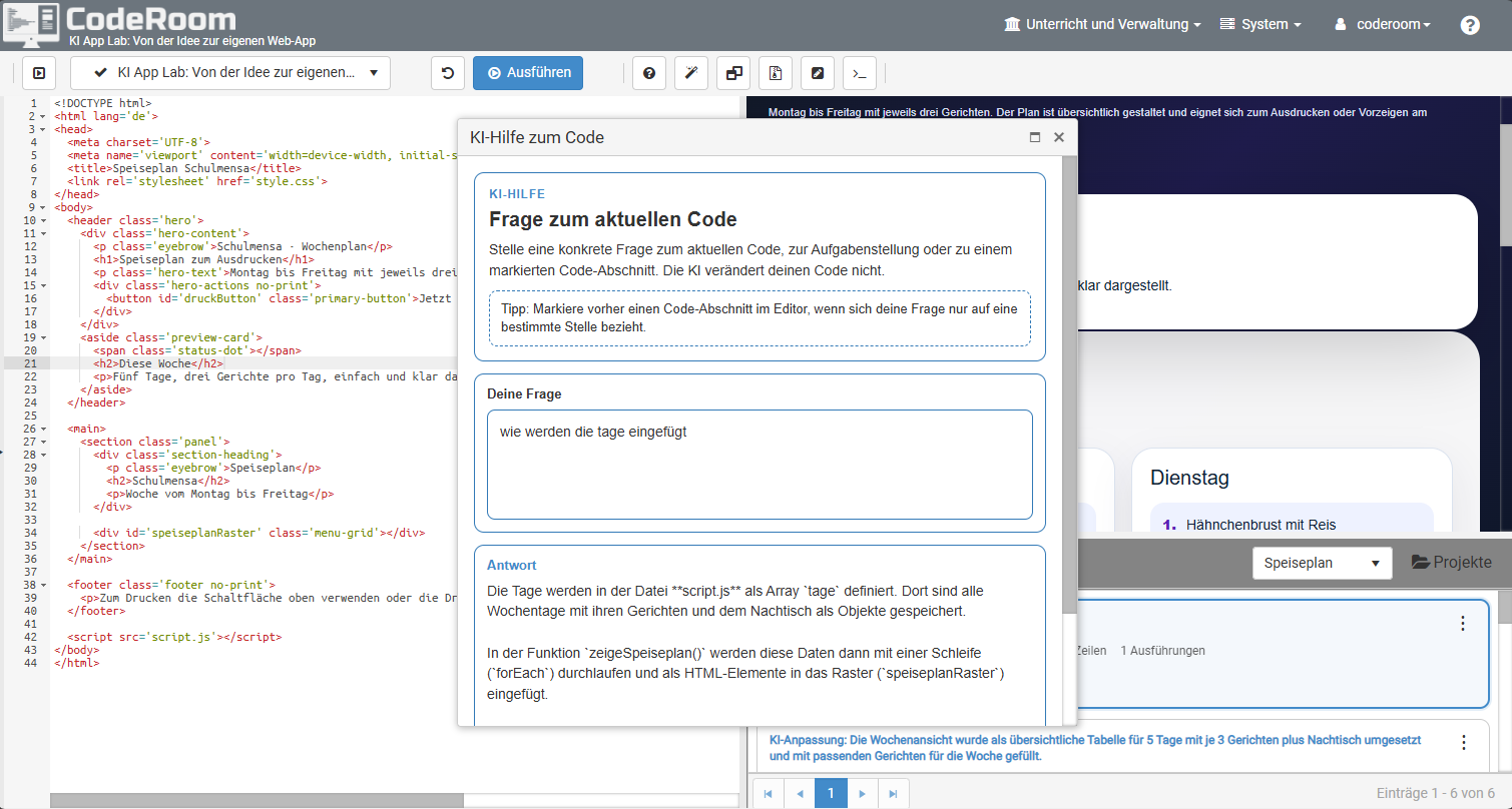 CodeRoom KI-Hilfe mit Frage zum aktuellen Code