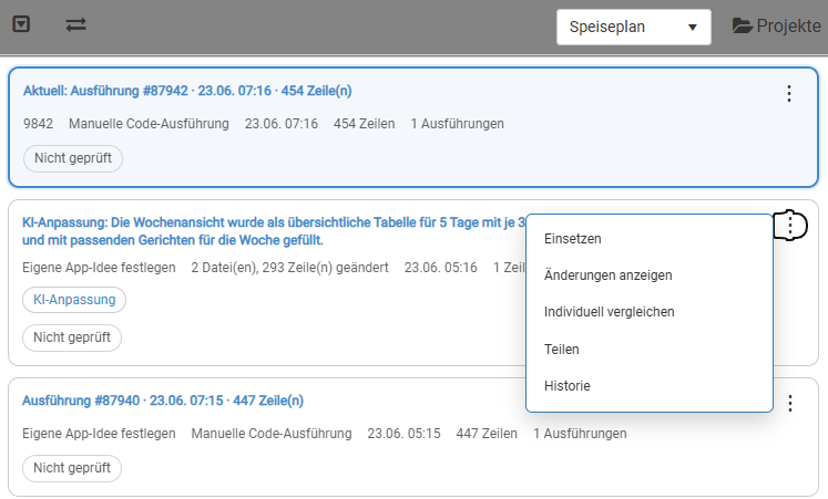 CodeRoom Benutzercodes mit aktueller Version, Historie und Aktionen