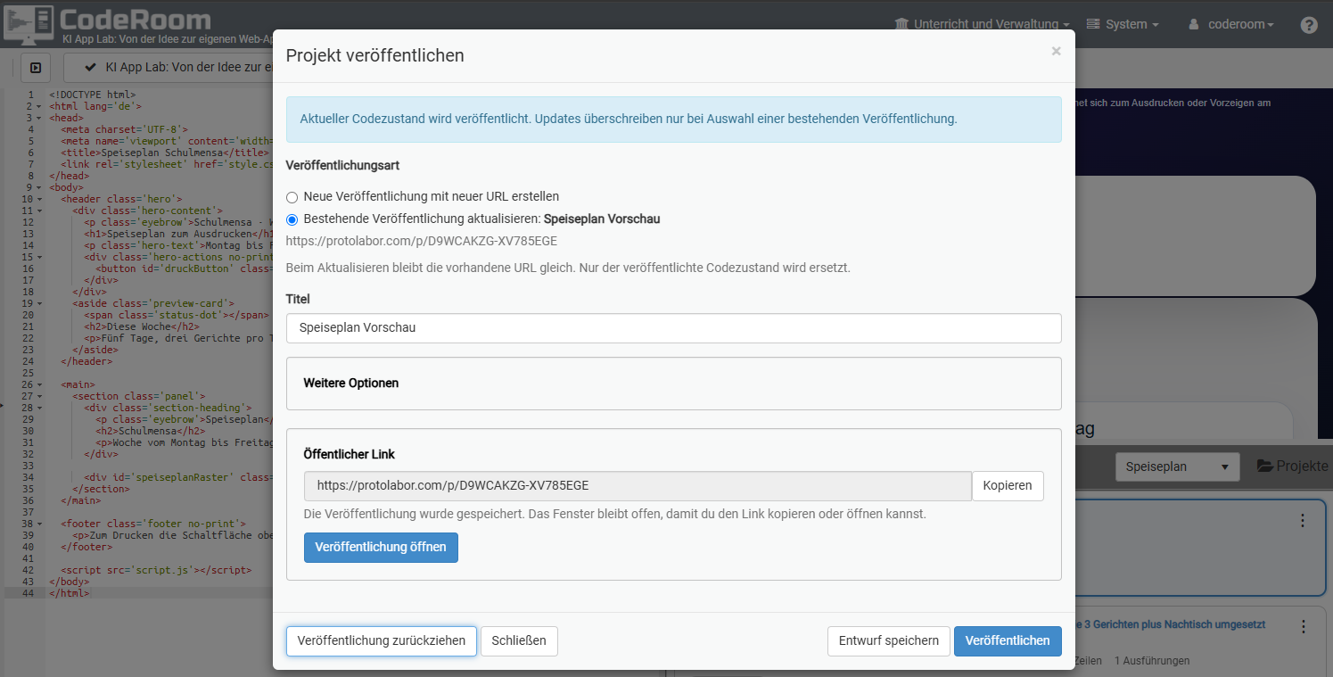 CodeRoom Veröffentlichung eines Projekts über protolabor.com